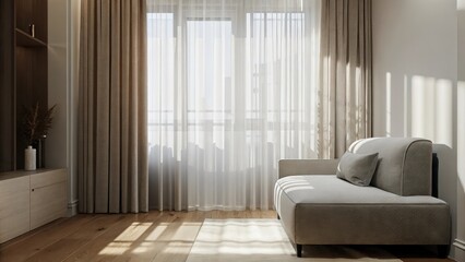Poster - A tranquil living room with a sleek modern sofa upholstered in soft gray fabric where light filters through translucent curtains casting gentle shadows on the polished wood floor.