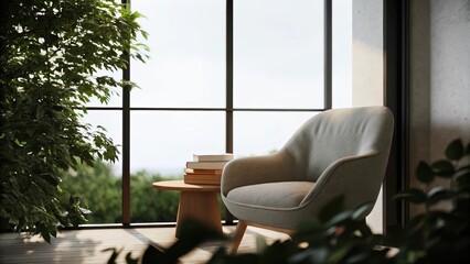 Aufkleber - A peaceful reading corner defined by a plush armchair facing a floortoceiling window. The sunlight creates a warm glow around a stacked set of colorful books on a simple wooden