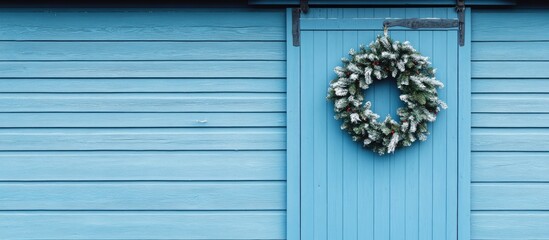 Poster - Christmas wreath on a blue barn door with snow accents showcasing a welcoming atmosphere and ample copy space for holiday promotions