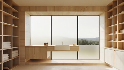 Aufkleber - A minimalist bathroom with wooden accents around the sink and rustic shelving. A large frosted glass window allows soft light in while framing the serene hills outside creating a