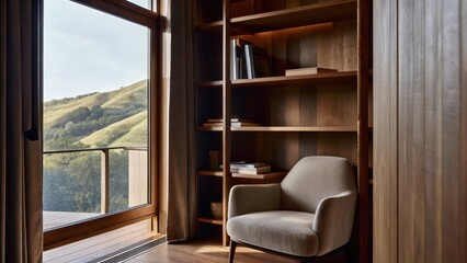 Aufkleber - A cozy reading nook created by a wooden bookcase filled with minimalist decor. A plush armchair faces a large window that frames the picturesque hills beyond inviting natural