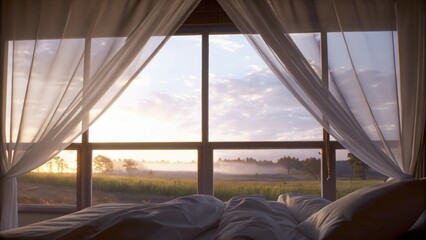 Poster - A serene bedroom features soft linens and a canopy bed with large windows revealing a stunning panorama of fields under an expansive sky complemented by the gentle hues of sunrise.