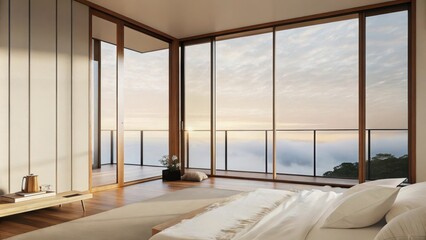 Aufkleber - An airy bedroom featuring floortoceiling windows adorned with soft linens and minimalist decor offering a stunning view of drifting clouds and changing colors of the dawn sky.