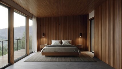 Poster - A serene bedroom with a platform bed surrounded by warm wood paneling. Large sliding doors open to a balcony revealing expansive views of lush rolling countryside bathed in morning