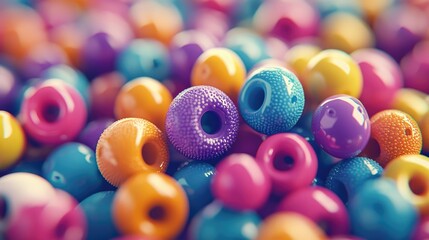 Poster - Colorful assortment of glossy beads in various shapes and sizes creating a vibrant texture background for crafts and design projects.