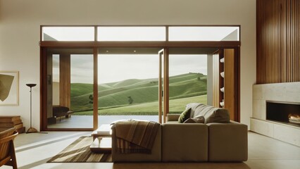 Poster - An openconcept living area combining a comfortable sofa and a modern fireplace enhanced by a stunning backdrop of vibrant green hills through expansive sliding doors.