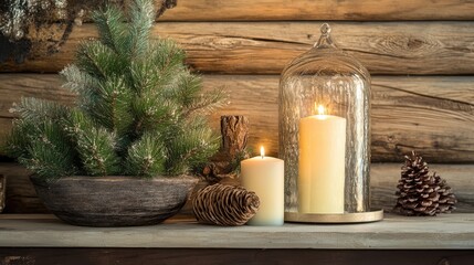 Poster - Rustic Christmas decorations featuring candles and a small tree on a wooden background creating a cozy holiday atmosphere