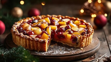 Aufkleber - Festive fruit pie with vibrant toppings displayed on a wooden surface surrounded by holiday decorations and warm lights