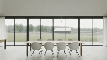 Poster - A minimalist dining area with a long wooden table and elegant chairs positioned to face sliding glass doors that open onto a terrace overlooking lush pastures and a distant barn.