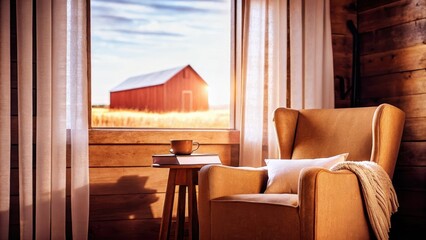 Poster - An inviting reading nook with a plush armchair and a small side table offers a perfect view of a distant red barn while sunlight filters through white curtains on the rustic wooden