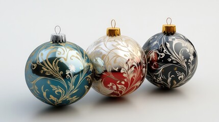Aufkleber - Elegant vintage Christmas ornaments adorned with intricate floral patterns showcasing a festive color palette of blue red and black.