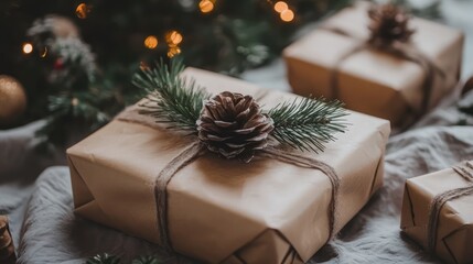 Aufkleber - Rustic holiday gift wrapping with pinecone decorations near Christmas tree on blurred background