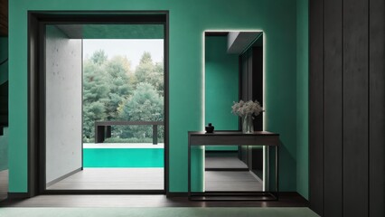 Poster - An understated entryway featuring a sleek console table with a single vase of riverflowers. A large mirror reflects the outdoor greenery enhancing the minimalist aesthetic.