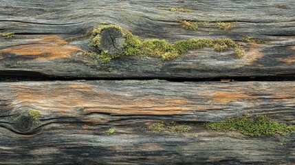 Fototapete - Close up view of weathered wooden trunk with vibrant green moss highlighting natural textures and earthy aesthetics