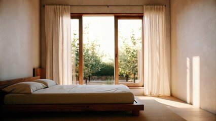 Aufkleber - A calm bedroom featuring a simple wooden bed frame and minimalist dÃ©cor. The large window showcases a vista of fruit trees swaying gently in the breeze bringing a sense of peace