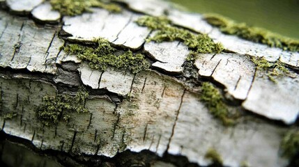 Aufkleber - Detailed closeup of tree bark showcasing a split surface and rough texture with green moss growth adding natural beauty and depth.