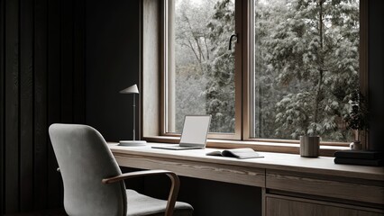Aufkleber - A dedicated workspace with a light oak desk and an ergonomic chair positioned near a large window. Outside a tapestry of rich foliage sways gently creating a peaceful atmosphere