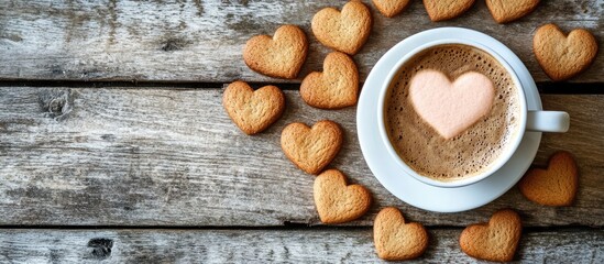 Poster - Coffee cup with heart shaped marshmallow surrounded by heart cookies on rustic wooden tabletop Aerial view for romantic or cozy themes