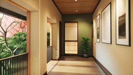 Aufkleber - A bright airy hallway with neutral walls and wooden flooring where light pours in from a window showcasing some flowering trees punctuated by minimalist artwork and a small potted
