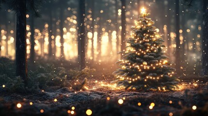 Poster - Enchanting forest scene featuring a beautifully lit natural Christmas tree surrounded by shimmering snow and glowing atmosphere.