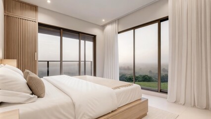 Poster - An airy bedroom with a platform bed dressed in crisp white linens and light taupe accents. The large window frames a view of misty fields while a delicate curtain gently sways in