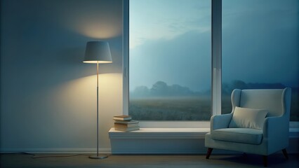 Poster - A cozy reading nook with a low simple bookshelf and a comfortable armchair in light gray. A floor lamp illuminates the space while misty fields can be seen through the window