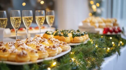 Poster - Festive Christmas pastries with sparkling wine and decorative garland creating a joyful holiday atmosphere at a winter celebration
