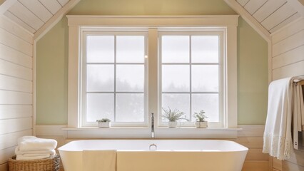 Poster - A bright bathroom showcasing a freestanding tub positioned beneath a large frosted window. The walls are painted a soft mint green and small succulents adorn the edge of the tub