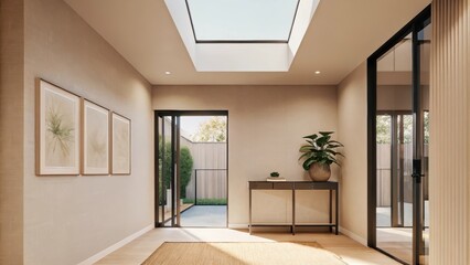 Poster - An airy entryway filled with natural light from a skylight above. A slim console table holds a potted s plant and the walls are adorned with subtle botanical prints while a soft