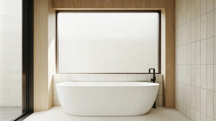 Aufkleber - A minimalist bathroom with a freestanding tub near a large window