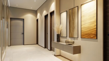 Poster - A contemporary hallway showcasing a series of minimalist art pieces in shades of gold and brown against soft beige walls with a narrow console table holding a delicate arrangement