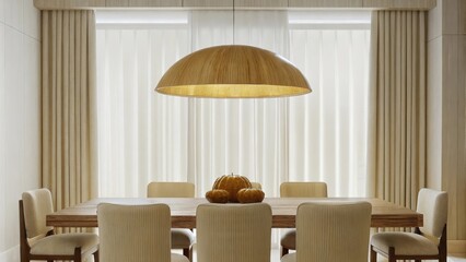 Poster - A spacious dining area with a minimalist wooden table surrounded by beige upholstered chairs complemented by a statement pendant light with a warm golden hue and a centerpiece of