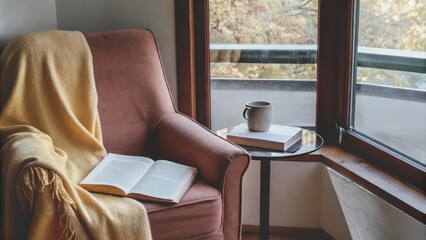 Poster - A tranquil reading nook displaying a deep taupe armchair draped with a lightweight goldenhued blanket next to a simple side table holding a steaming mug and an open book positioned