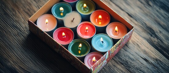 Poster - Colorful lit candles arranged in an open gift box creating a festive ambiance on a rustic wooden table for celebration events