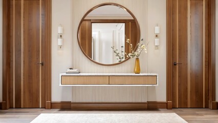 Poster - An elegant entryway featuring a large round mirror framed in warm wood a console table with a matte beige finish and a single amberhued vase with minimalist floral arrangements all