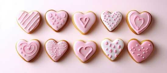 Poster - Handcrafted pink heart-shaped cookies with intricate designs on a soft pastel background for a romantic or festive theme.