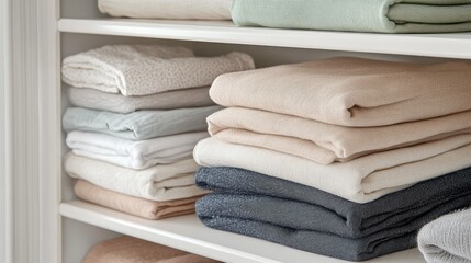 Fototapete - Organized Folded Clothes Neatly Arranged on Shelf in Modern Closet Interior