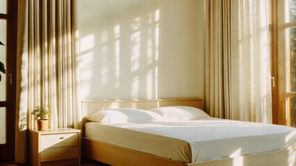 Poster - A serene bedroom with curtains filtering sunlight showcasing a light wood platform bed adorned with crisp white linens. A simple nightstand holds a small plant while leaves from