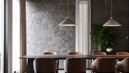Poster - A stylish dining area showcasing a long dark oak table set against a backdrop of muted volcanic rock wallpaper surrounded by upholstered chairs in deep brown with lowhanging