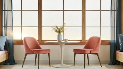 Poster - A cozy breakfast corner with a small round table and two minimalist chairs surrounded by large windows that invite in the warmth of the morning sun. A simple vase of fresh flowers