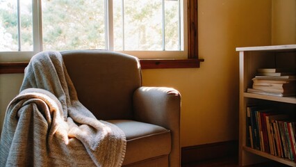 Poster - A peaceful reading nook positioned by a window complete with a plush armchair a soft throw blanket and a small bookshelf filled with lightcolored books.