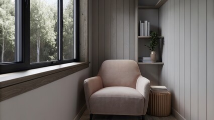 Aufkleber - A peaceful reading nook tucked into a corner centered around a plush armchair upholstered in soft taupe fabric. A small bookshelf with minimal decor supports a few potted plants