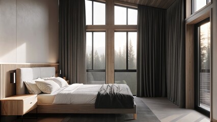 Poster - A serene bedroom where light drapes in from tall windows highlighting a queensized bed with delicate white linens neutral accent pillows and a simple wooden bedside table.