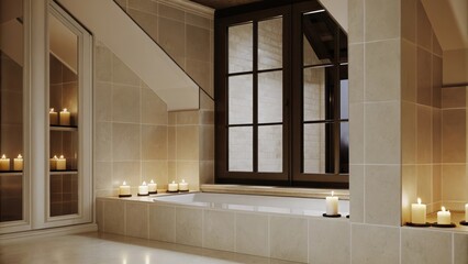Poster - An elegant bathroom with soft taupe tiles a deep soaking tub framed by candles and a large mirror reflecting the ambient light of a tranquil atmosphere.