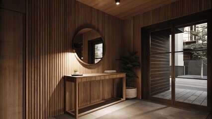 Poster - A tranquil entryway equipped with a wooden console table a small potted plant and a round mirror that reflects the warm ambiance of the surrounding light wood elements and a view