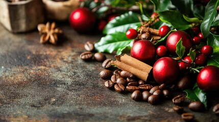 Aufkleber - Festive arrangement of fresh coffee beans, red ornaments, cinnamon sticks, and green foliage on a textured table surface