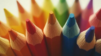 Aufkleber - Colorful pencil tips arranged in a vibrant circle showcasing a variety of colors on a soft white background with shallow depth of field