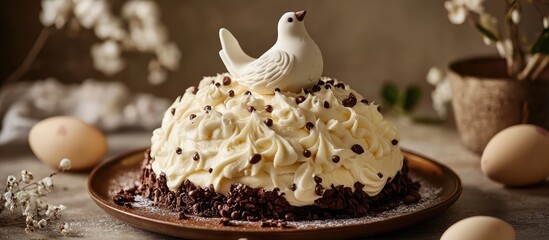 Poster - Easter dove cake with decorative white bird and chocolate sprinkles on a rustic wooden table surrounded by eggs and flowers