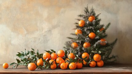 Aufkleber - Festive arrangement of a Christmas tree adorned with tangerines and greenery on a rustic wooden surface for a warm holiday atmosphere