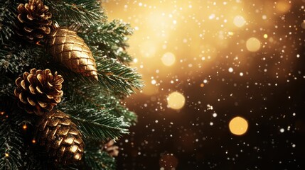 Poster - Macro shot of Christmas tree branch with golden cones set against a shimmering background with soft bokeh and falling snowflakes